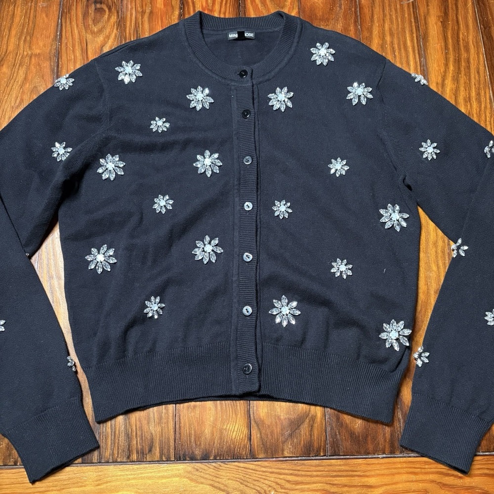 Minnie Rose Black Jewel Beaded Flowers Cardigan Sweater Sz M New A1226